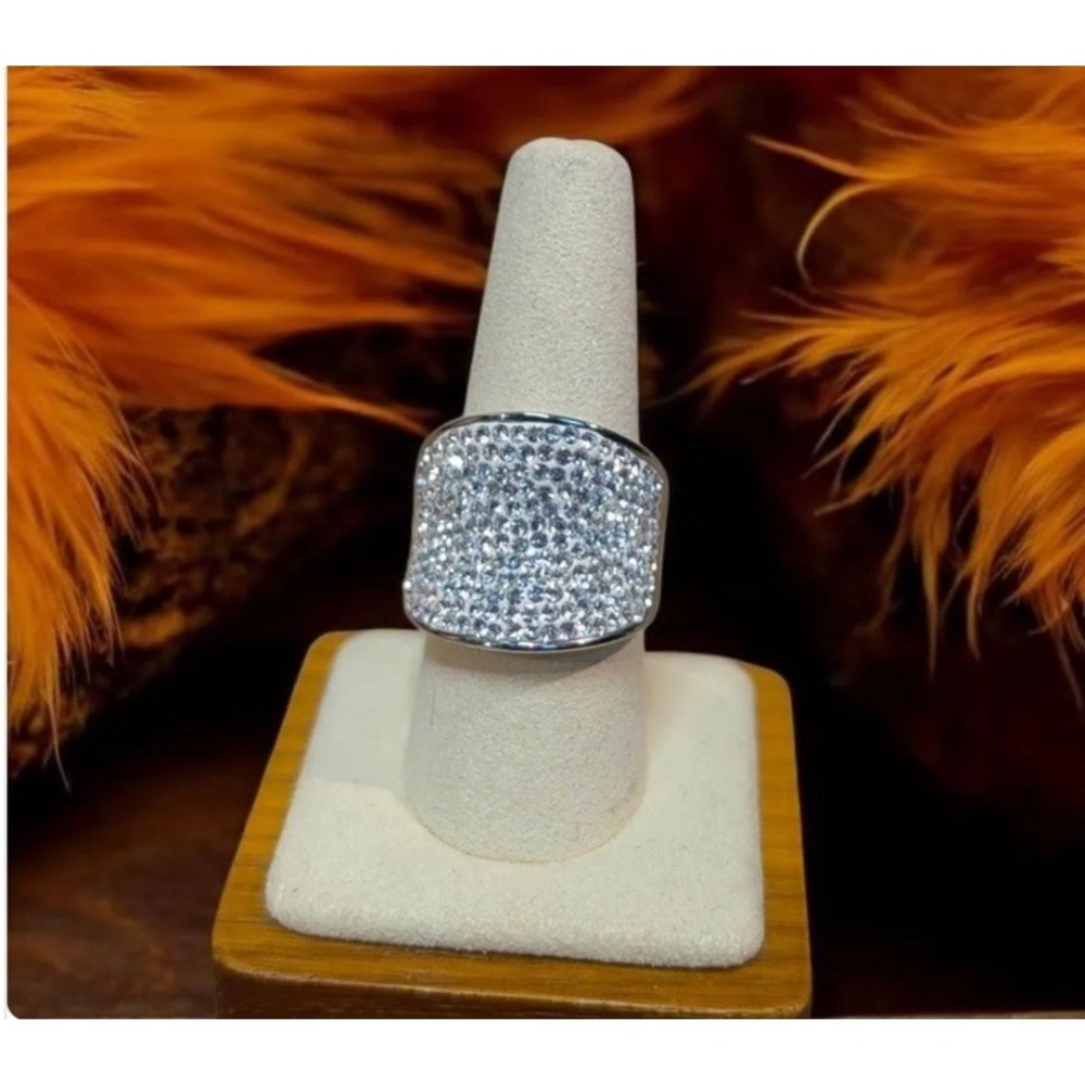 Vintage JCM Pave Crystal Stainless Steel Wide Statement Cocktail Ring Size 9